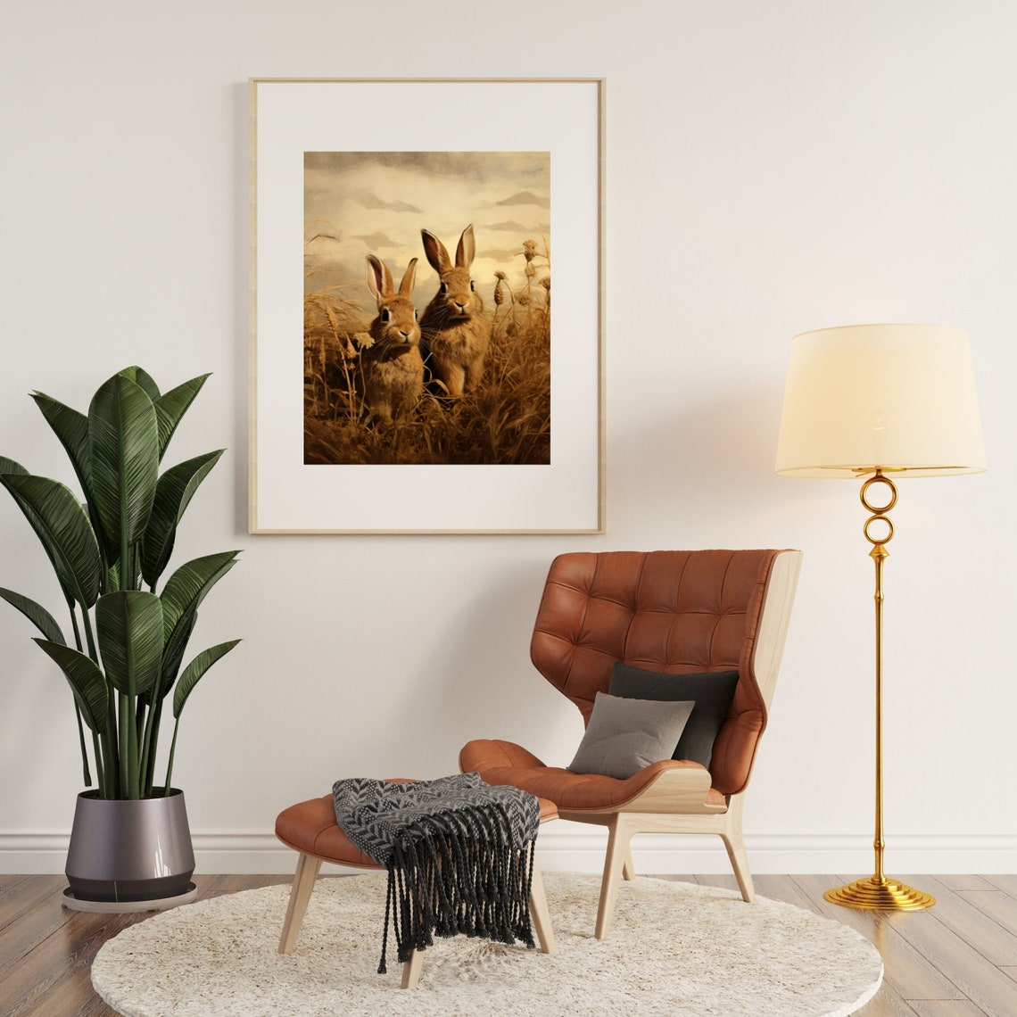 Two Brown Rabbits Golden Meadow Vintage Wildlife Painting Poster - Image 3
