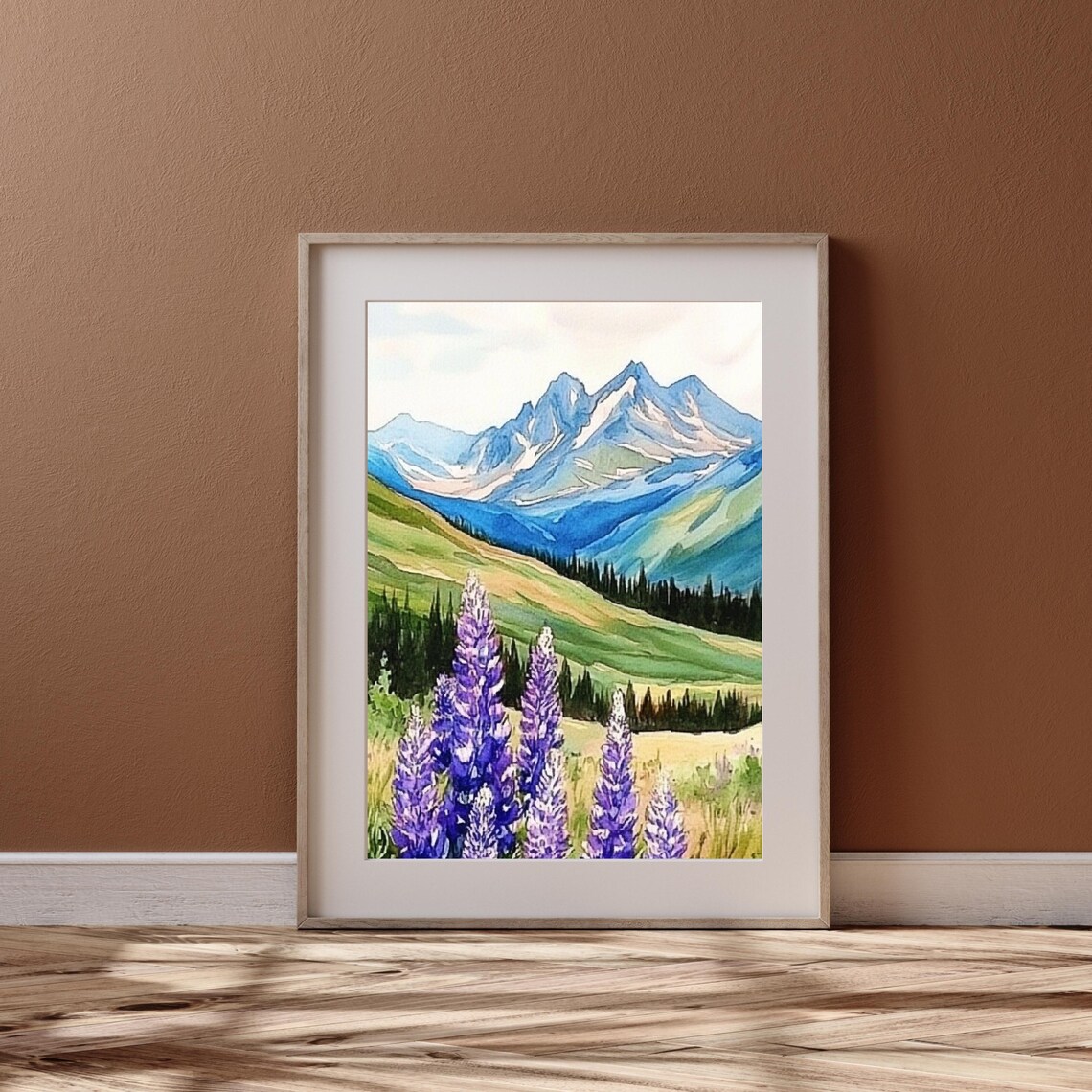 Alpine Lupine Flowers Blue Mountain Watercolor Landscape Poster - Image 2