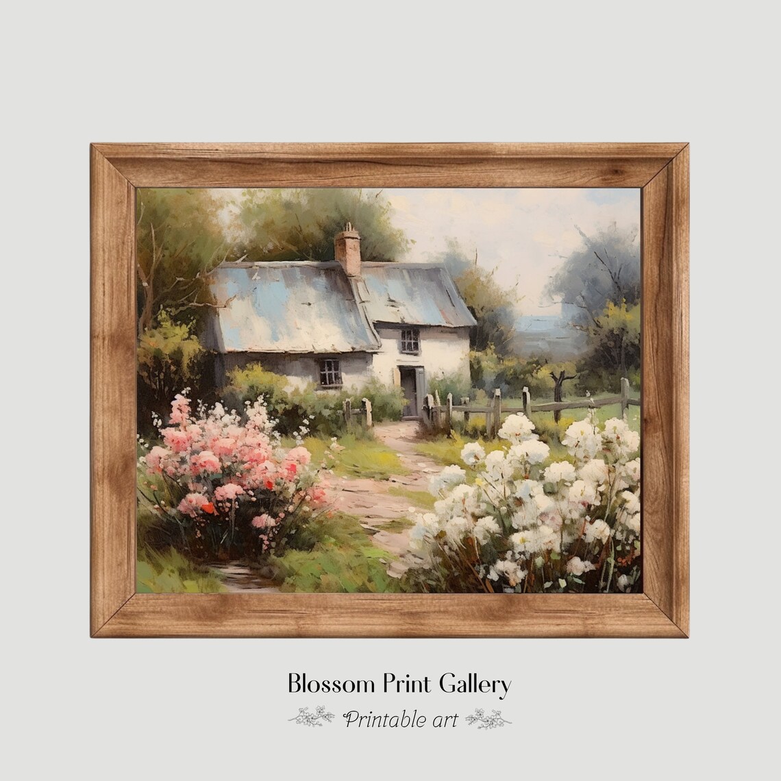 Cozy Cottage Surrounded By Pink And White Blossom Bushes Print - Image 6