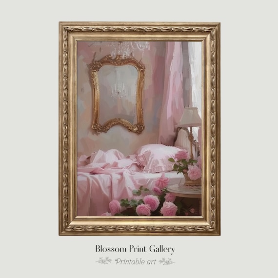 Pink Coquette Bedroom with Gold Mirror Vintage Oil Painting Poster