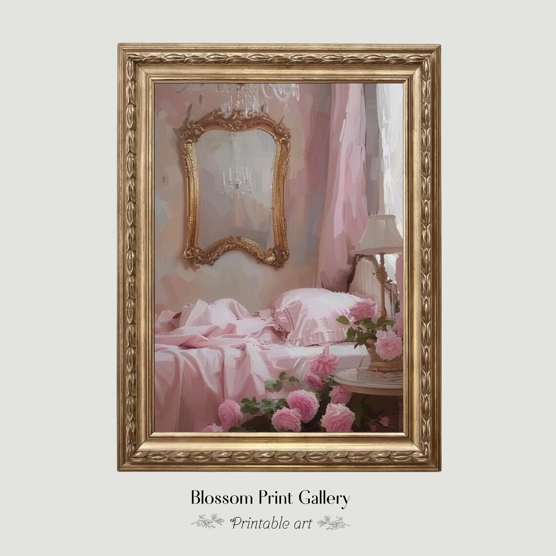 Pink Coquette Bedroom with Gold Mirror Vintage Oil Painting Poster