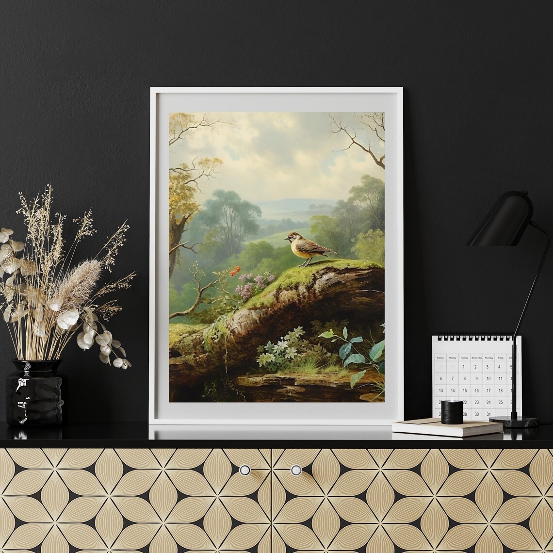 Songbird On Mossy Log Lush Green Forest Valley Painting Poster - Image 4