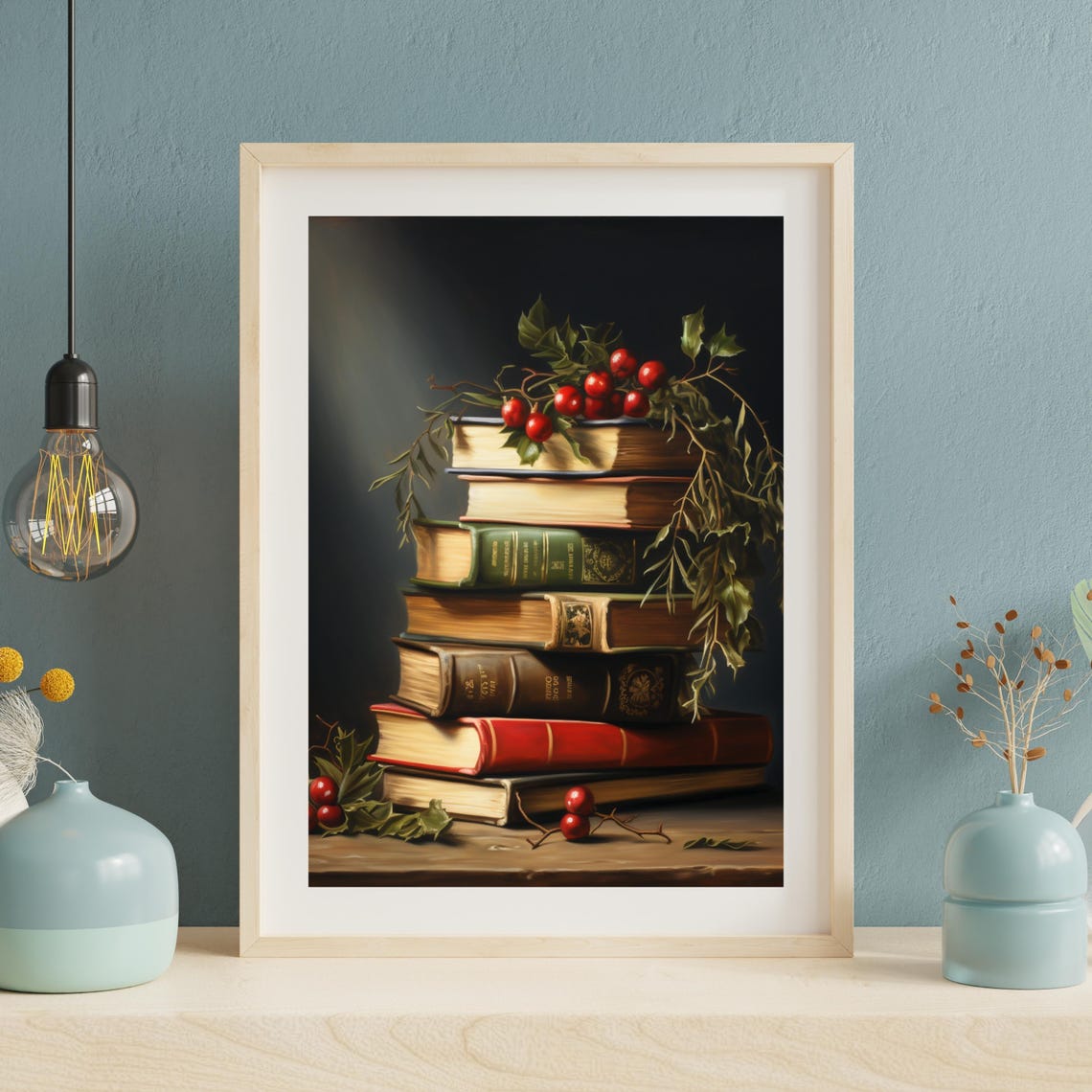 Dark Vintage Books Stack With Holly Berries Christmas Poster - Image 4