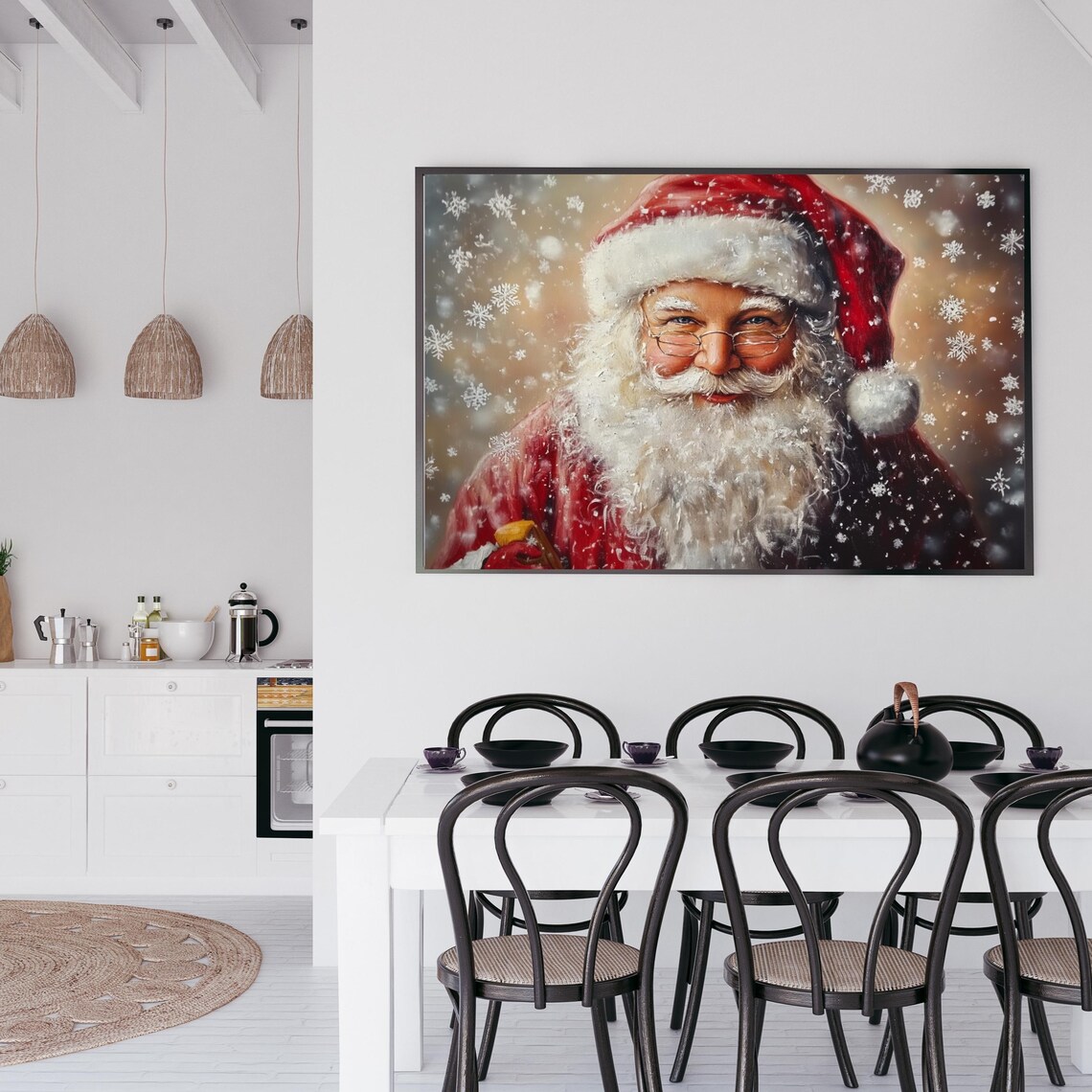 Vintage Santa Claus Portrait With Snowflakes Red Suit Christmas Poster - Image 3