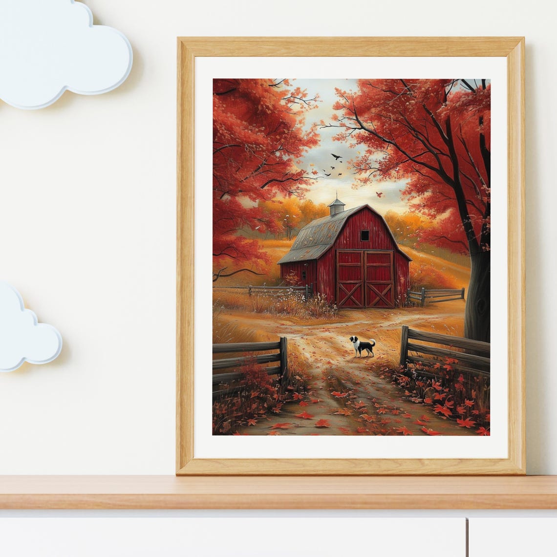 Red Barn in Autumn with Scarlet Maples and a Country Dog Poster - Image 5