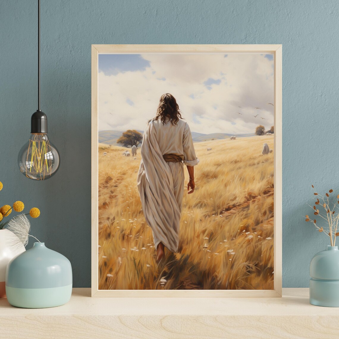 Jesus Walking In Wheat Field With Sheep Golden Christian Art Painting Poster - Image 3
