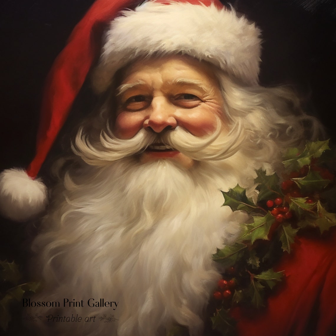 Vintage Santa Claus Portrait Red Hat Holly Classic Art Poster - Image 3