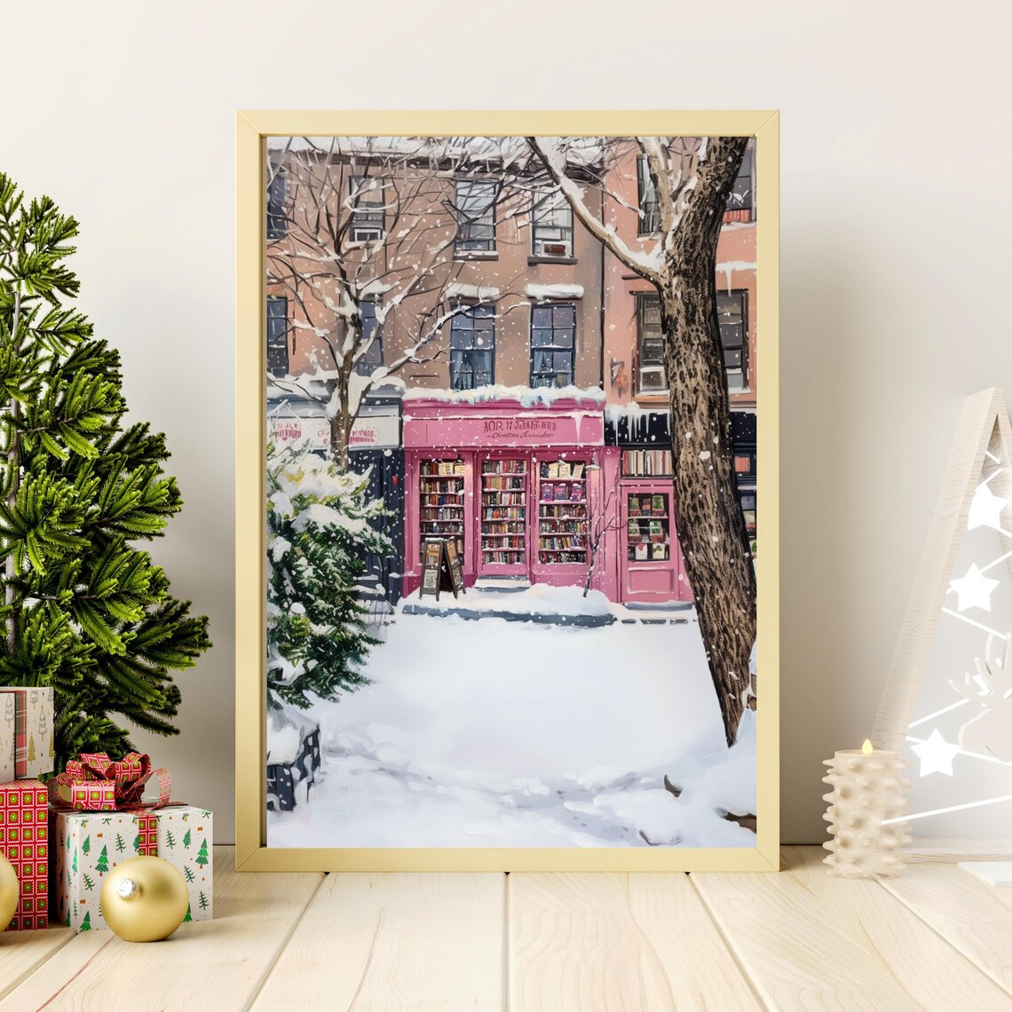 Charming Pink Bookstore On Snowy Winter Street Bookshop Art Poster - Image 3