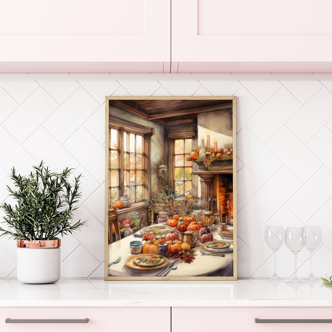 Cozy Harvest Thanksgiving Table by Fireplace Painting Poster - Image 6