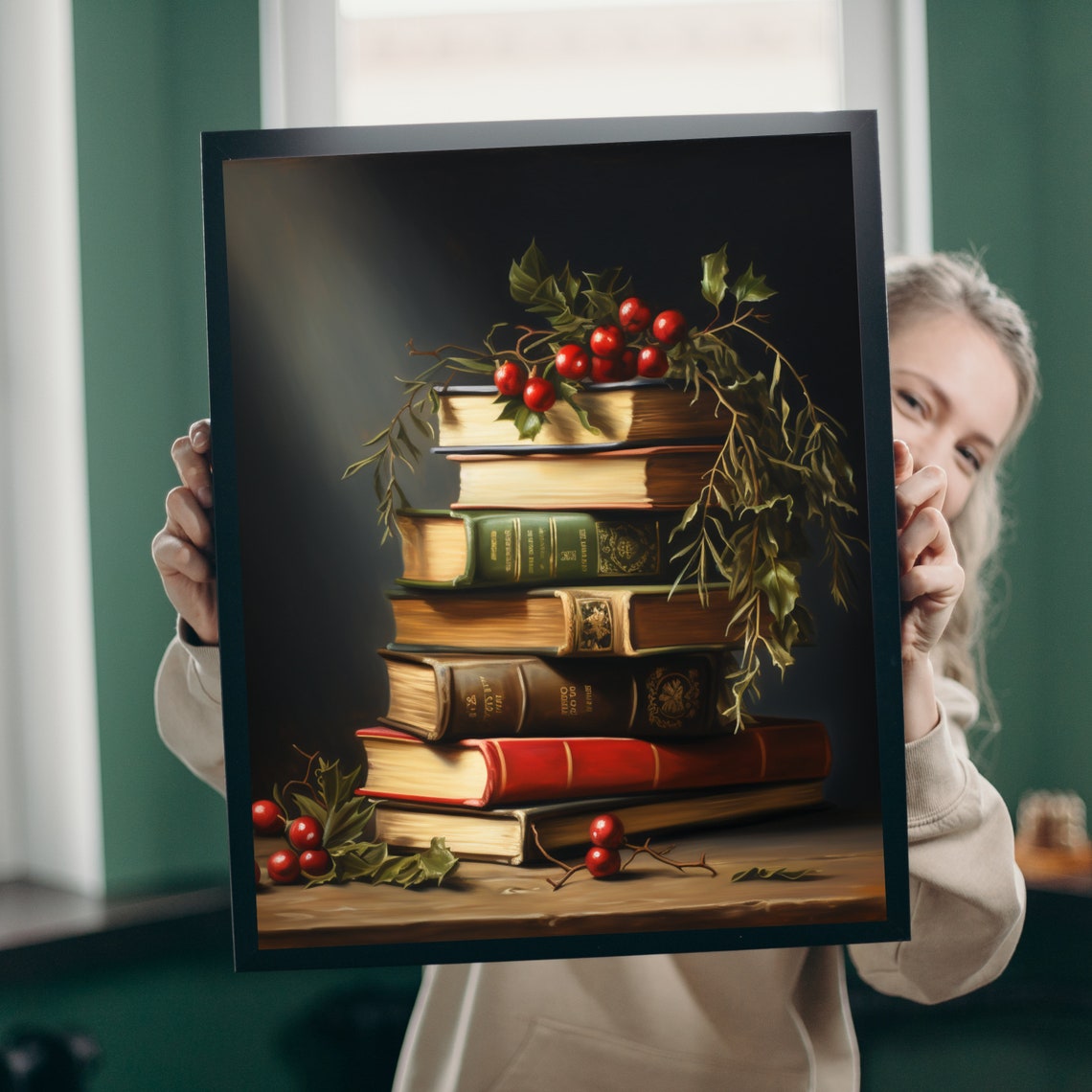 Stack Christmas Books Holly Berries Festive Library Art Poster - Image 3