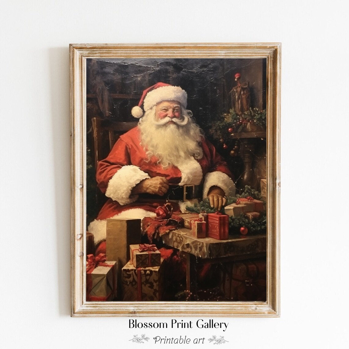 Jolly Santa Claus Gifts Workshop Vintage Christmas Painting Poster