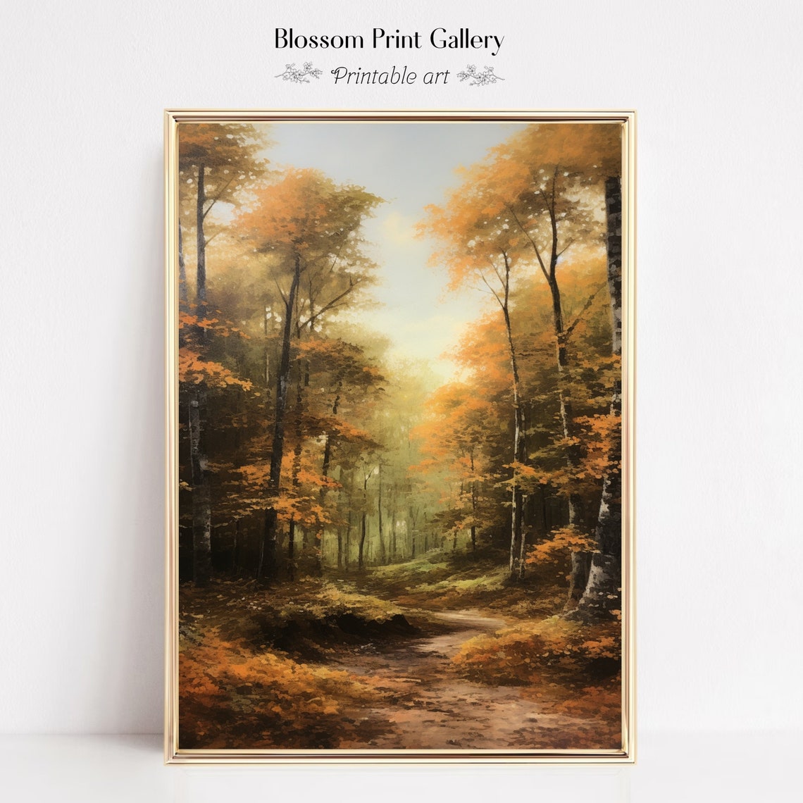 Golden Autumn Forest Path in a Moody Fall Woodland Scene Wall Art - Image 4