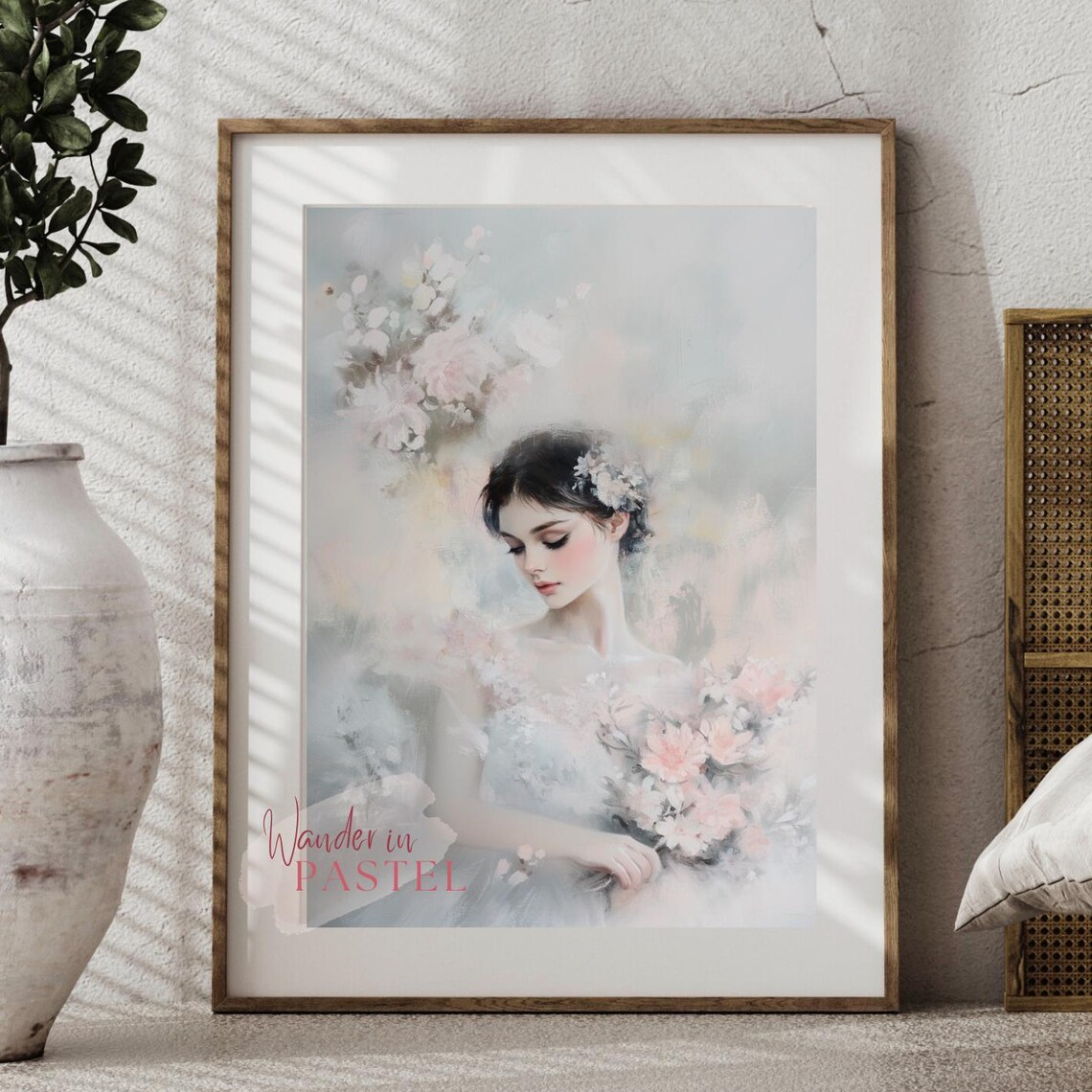 Dreamy Floral Female Portrait Wander In Pastel Soft Watercolor Poster