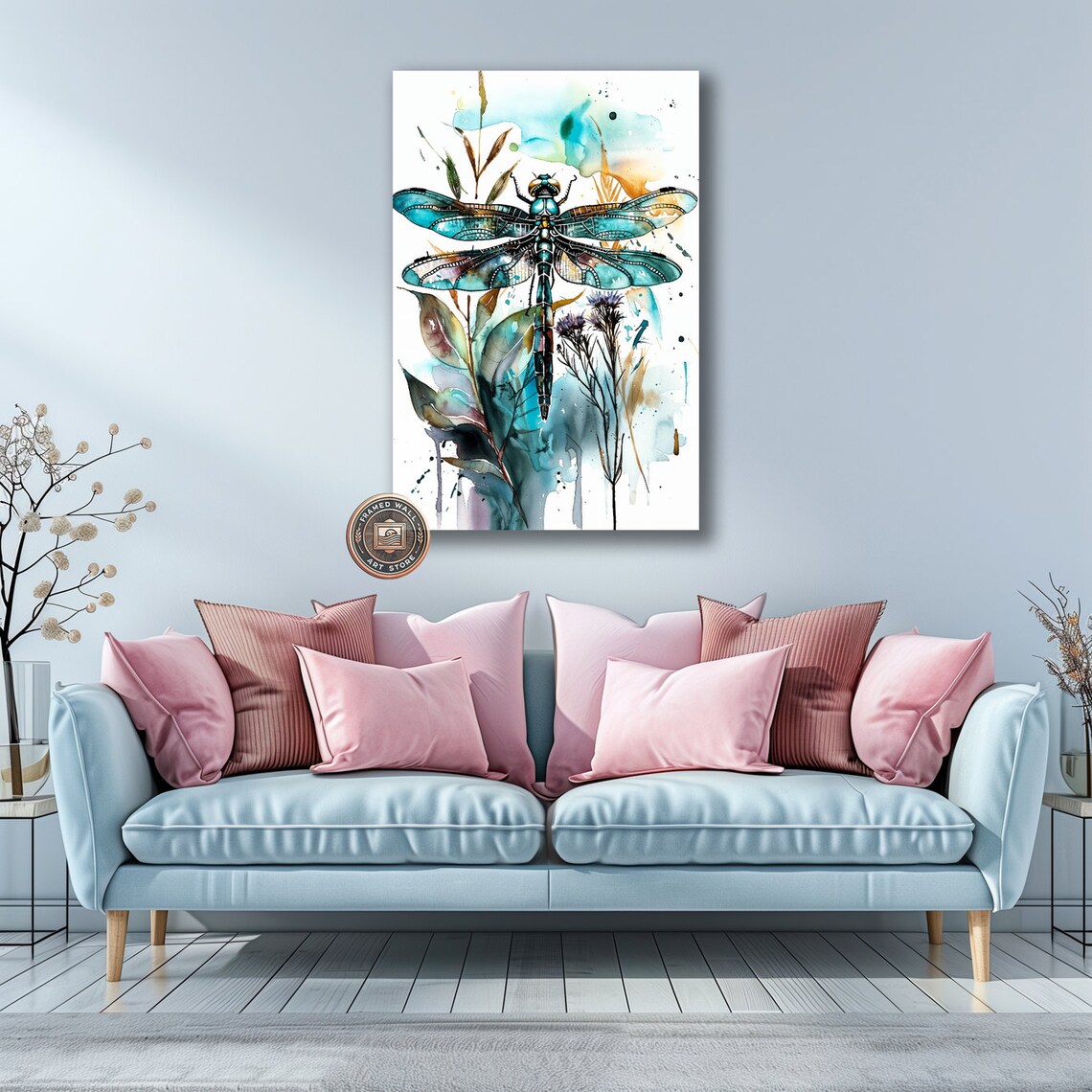 Turquoise Dragonfly Watercolor Botanical Leaves Vibrant Insect Art Poster - Image 2