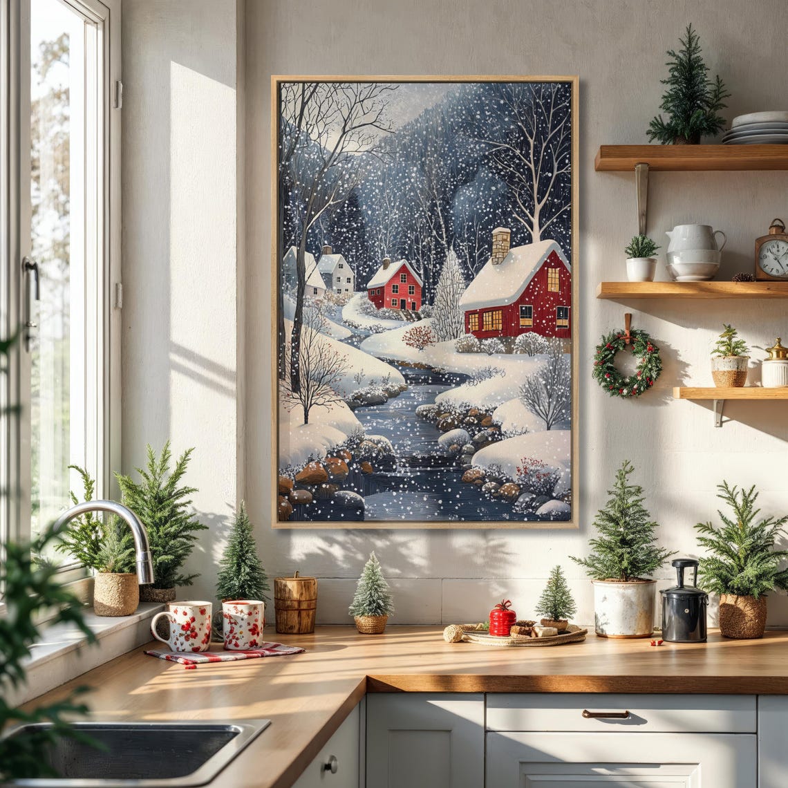 Snowy Village With Red Cottages Folk Winter Landscape Painting Poster