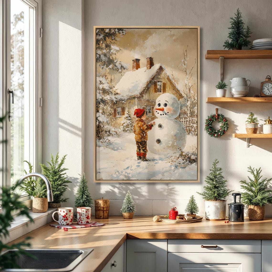 Vintage Winter Scene Boy Building Snowman Cozy Holiday Poster