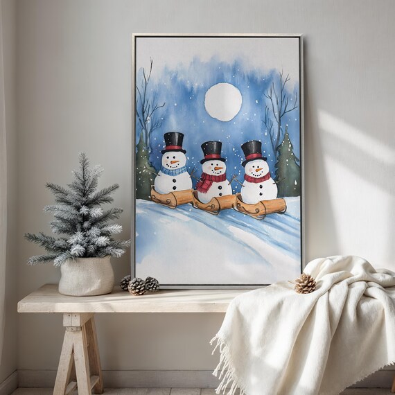 Cheerful Snowmen Sledding Under The Moon Watercolor Christmas Poster