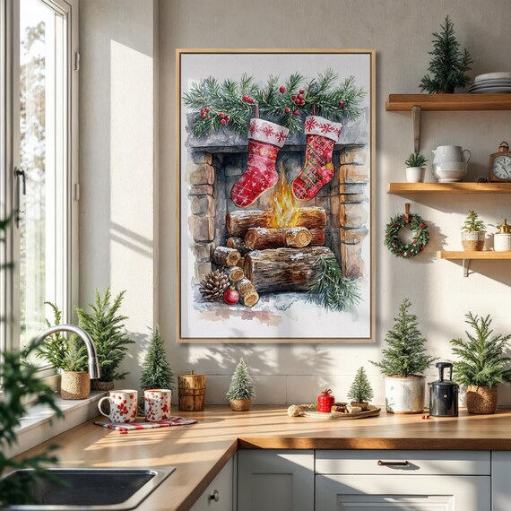 Cozy Christmas Fireplace Stockings Burning Logs Watercolor Holiday Decor Poster