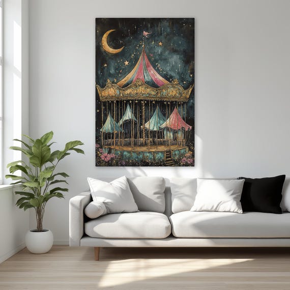 Fantasy Carousel Night Scene Framed Canvas Print Dreamy Circus Tent And Starry Sky Wall Art Decor Ready To Hang