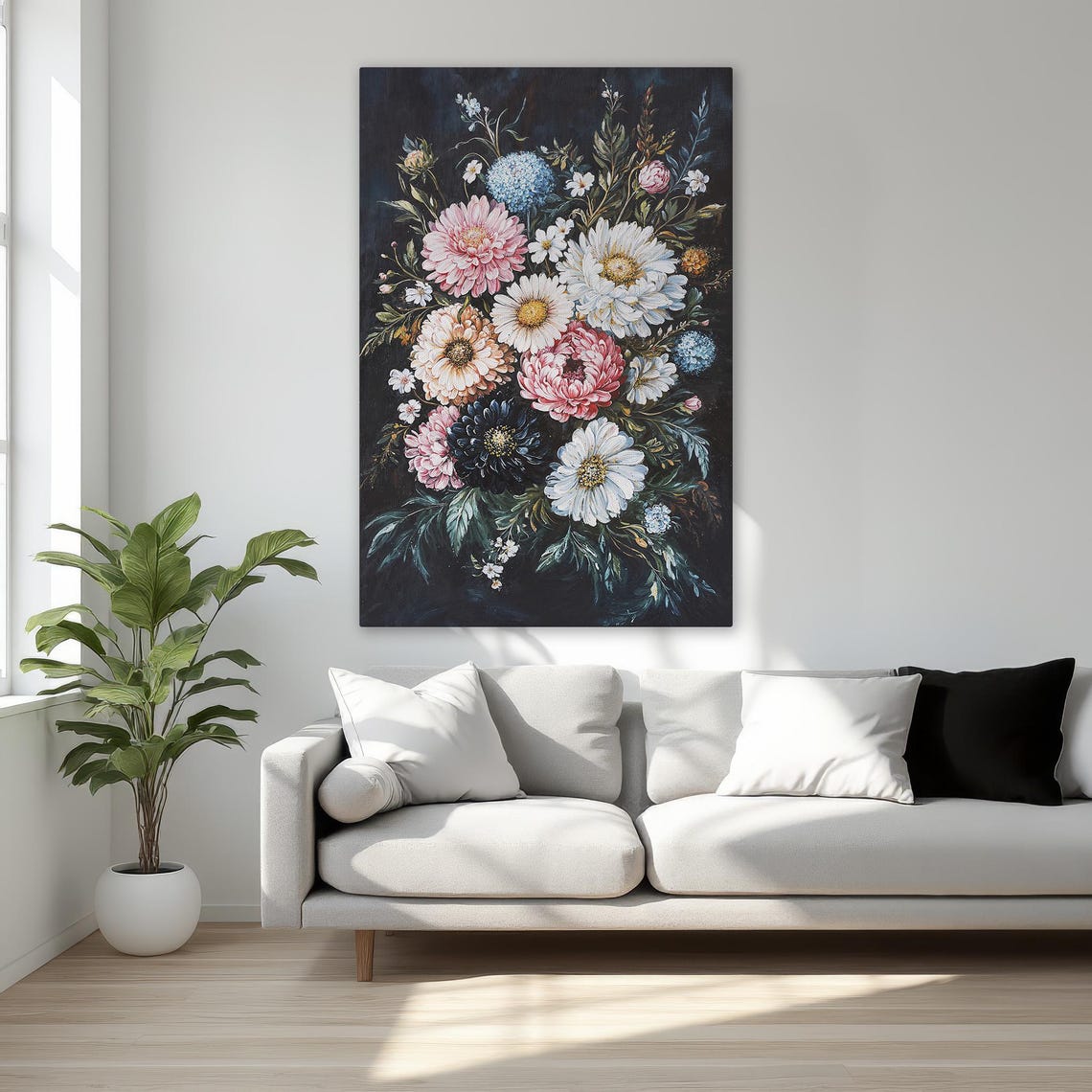Vibrant Floral Bouquet Dark Background Botanical Canvas Art Poster