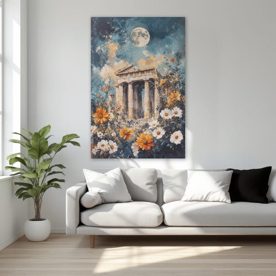 Ancient Ruins Temple Framed Canvas Print Lunar Night Sky Wall Art Vibrant Flowers Painting Greek Decor Ready To Hang