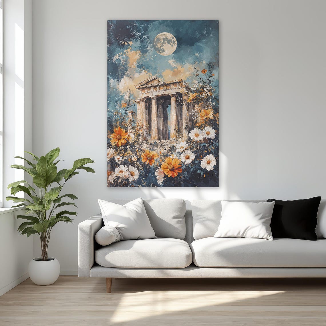 Ancient Greek Temple Ruins under Full Moon and Wildflowers Poster