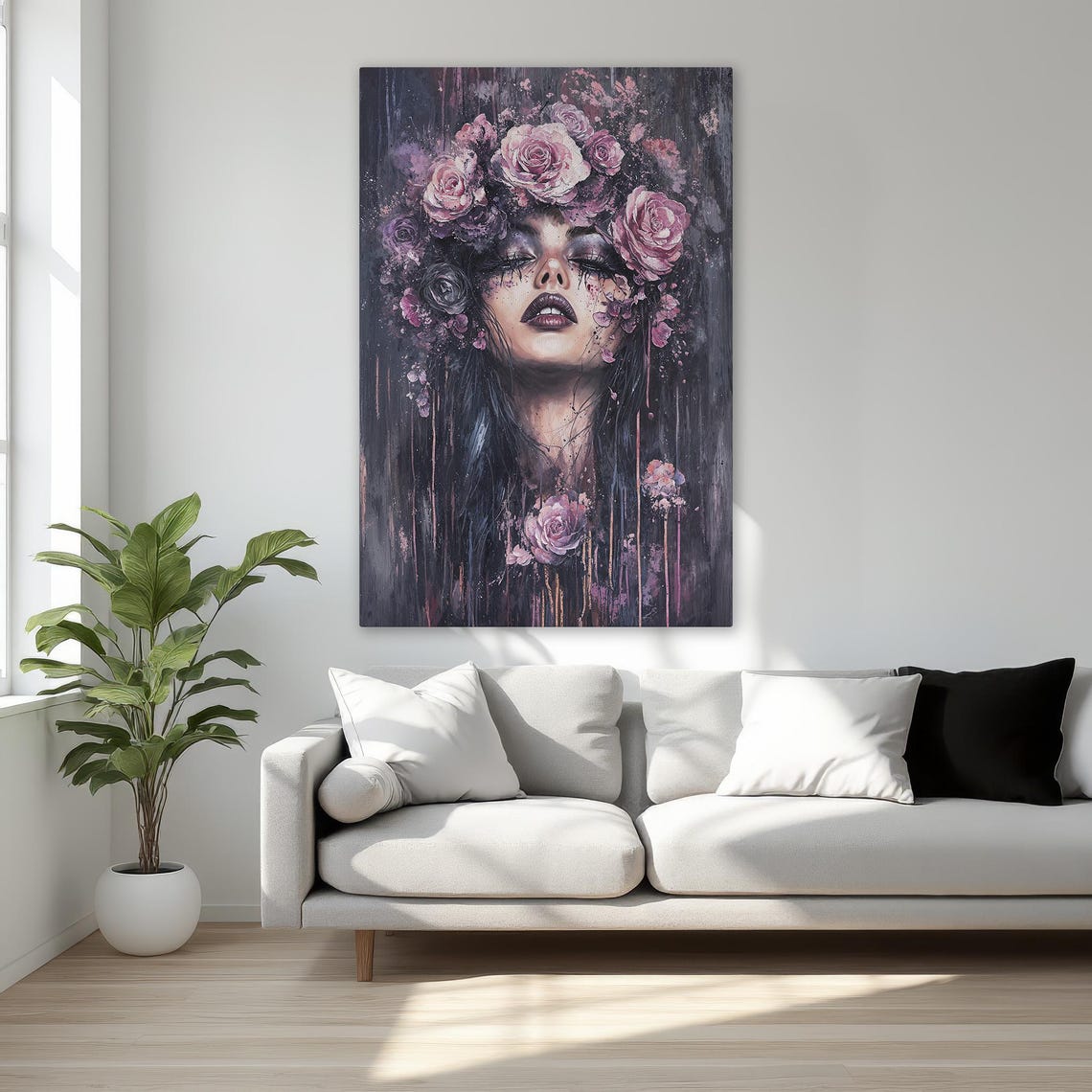 Dark Floral Woman With Purple Roses Gothic Beauty Portrait Poster