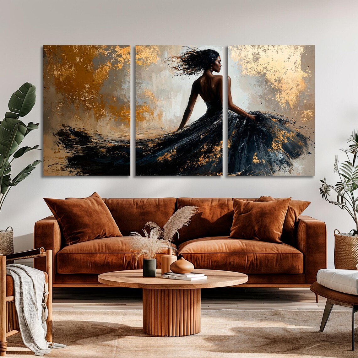Elegant Woman In Black Dress Flowing Gold Abstract Fashion Art Poster - Image 5