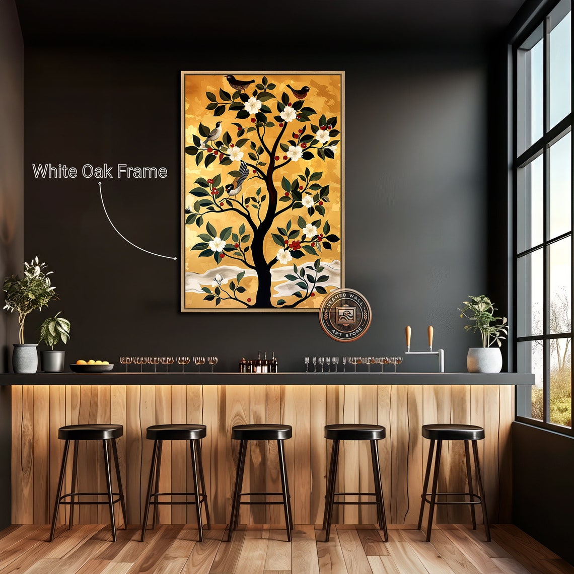 White Blossom Tree With Perched Birds On Gold Botanical Print - Image 3