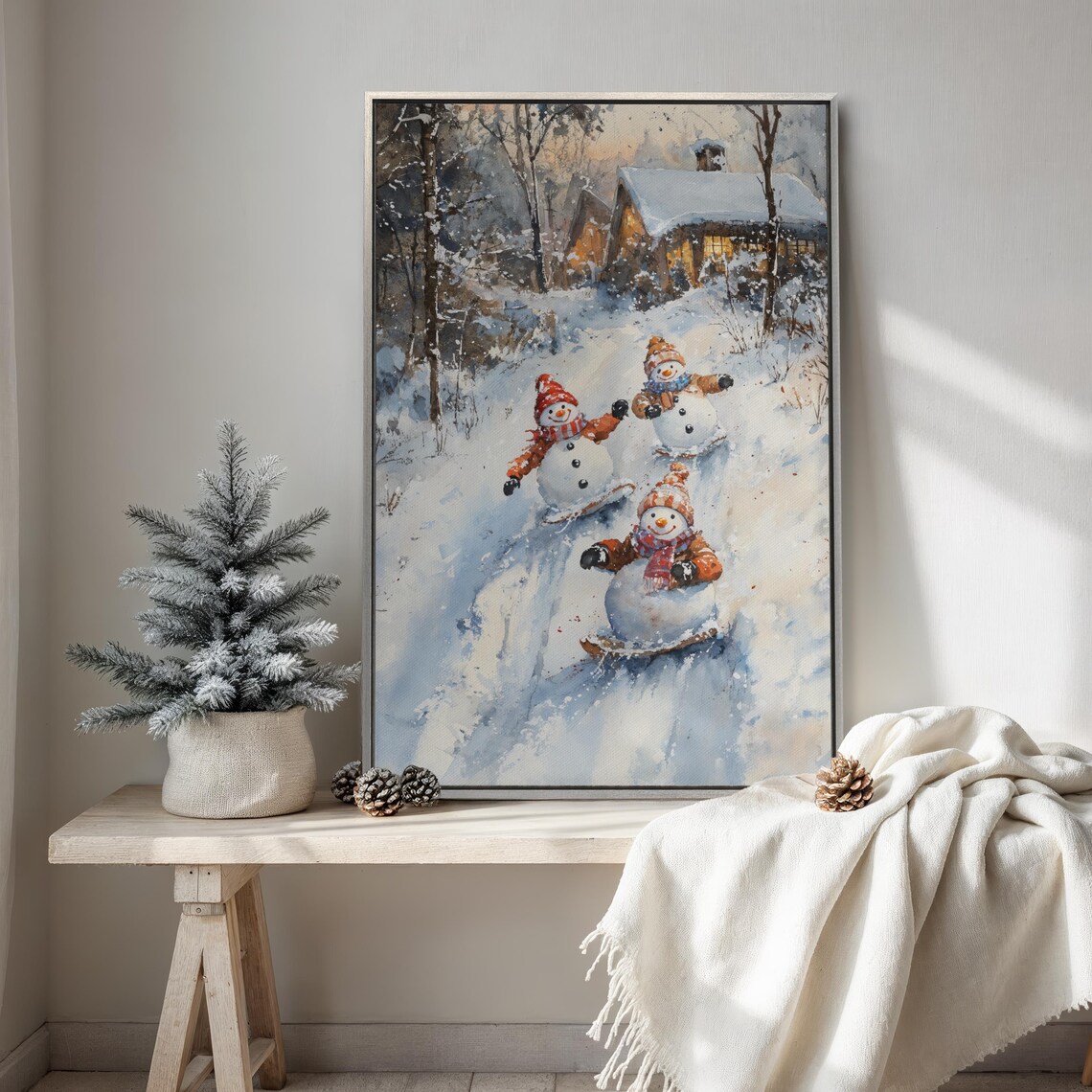 Happy Snowmen Sledding Down Snowy Hill Watercolor Art Poster