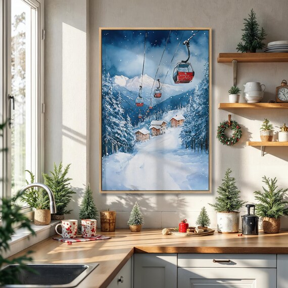 Winter Ski Resort Red Gondolas Over Snowy Mountain Village Poster