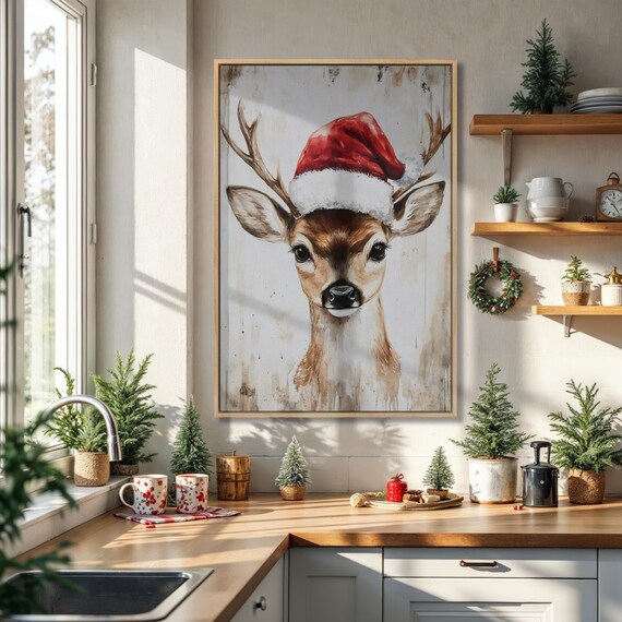 Baby Reindeer With Santa Hat Framed Canvas Wall Art Festive Animal Portrait Painting Print Xmas Nursery Decor Christmas Poster Ready To Hang