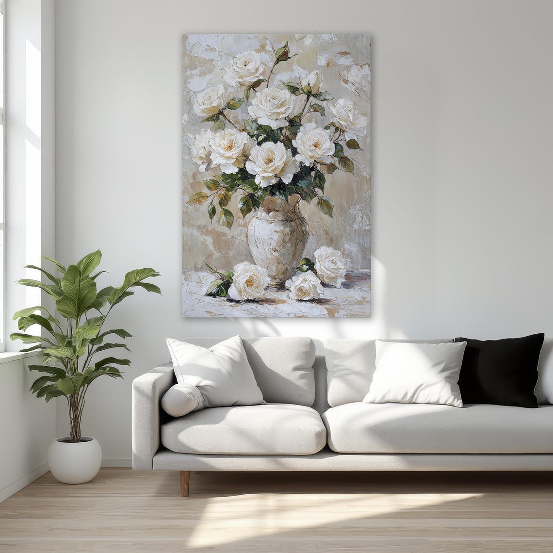 Vintage White Roses Bouquet Painting Romantic Floral Wall Art