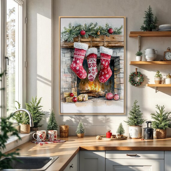 Three Festive Christmas Stockings Hung By The Fireplace Poster