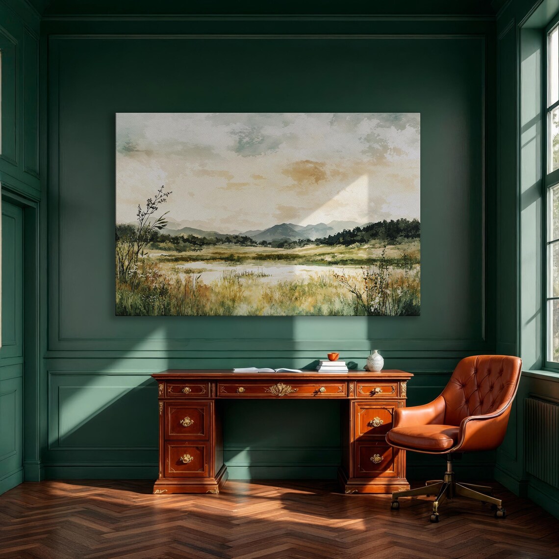 Sunrise Marsh Golden Grasses Soft Watercolor Landscape Poster