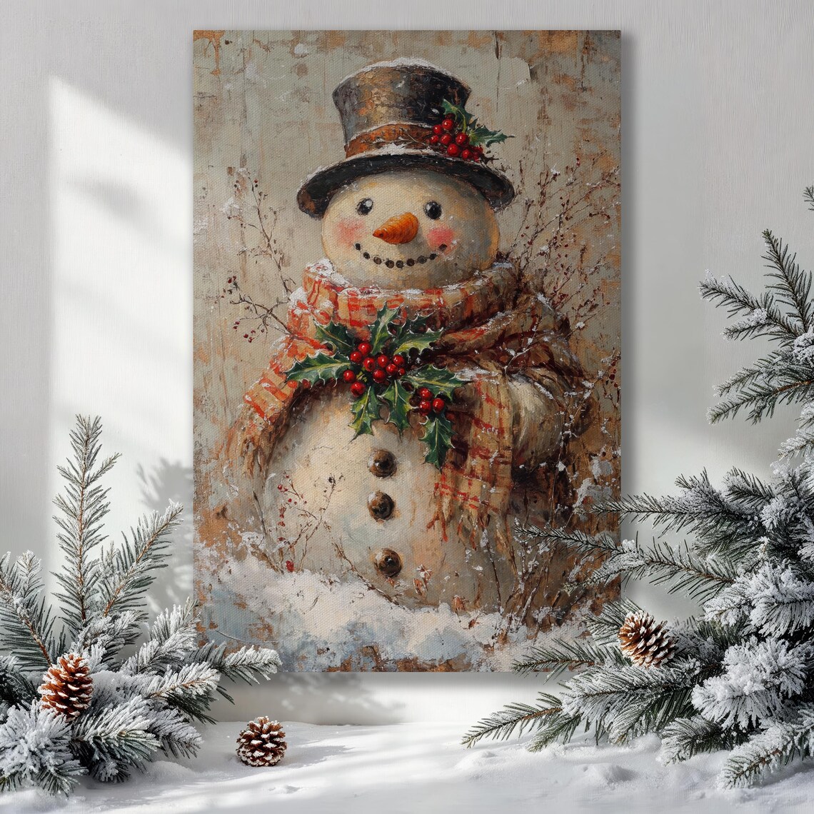 Vintage Snowman Top Hat Holly Berries Winter Painting Poster
