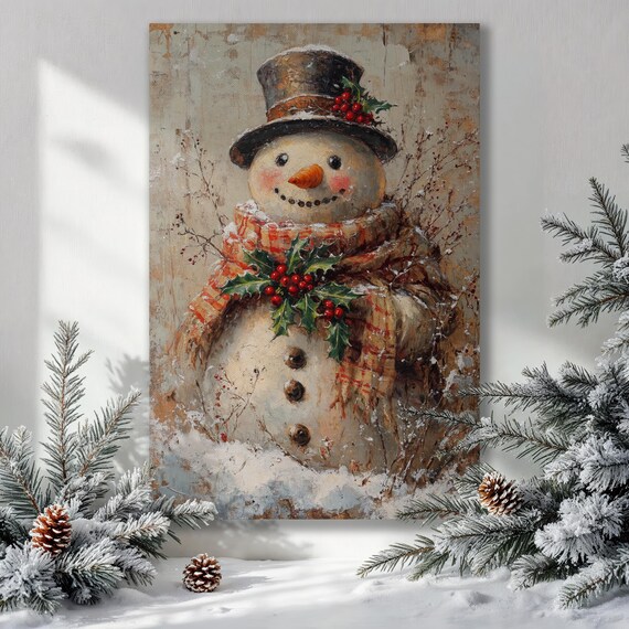 Vintage Snowman Top Hat Holly Berries Winter Painting Poster