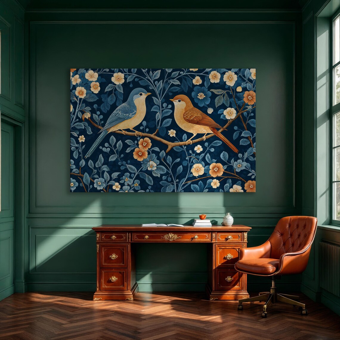 Two Songbirds on Blossom Branch Chinoiserie Floral Art Poster