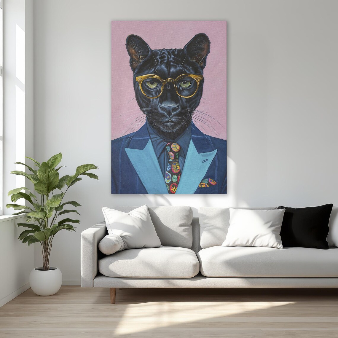 Black Panther in Blue Suit Gold Glasses Fashion Animal Poster