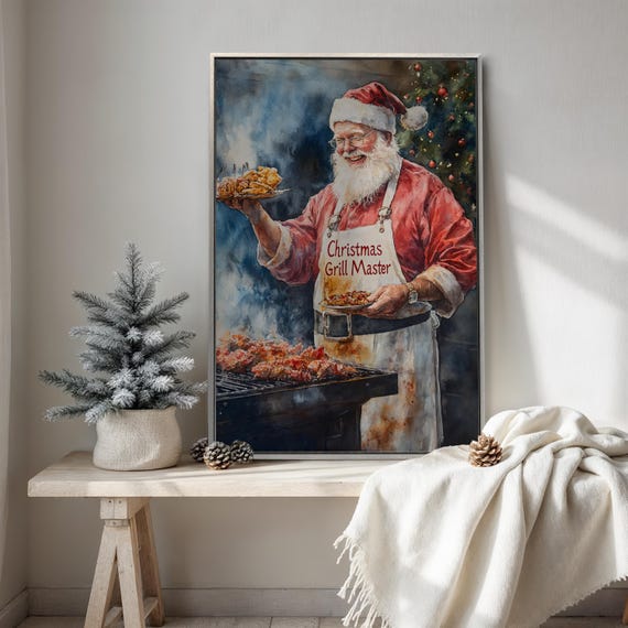 Festive Bbq Santa Claus Framed Canvas Wall Art Funny Painting Print Xmas Kitchen Decor Christmas Poster Holiday Artwork Ready To Hang