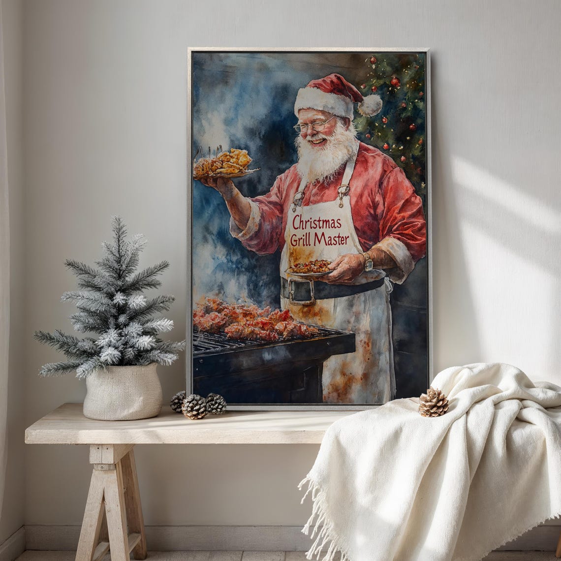 Santa Claus Christmas Grill Master Serving BBQ Watercolor Poster
