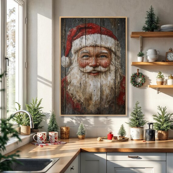 Rustic Santa Claus Portrait on Weathered Wood Planks Farmhouse Christmas Poster