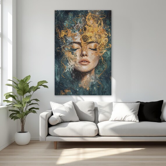 Mystical Woman Face Surreal Abstract Cosmic Gold Teal Poster