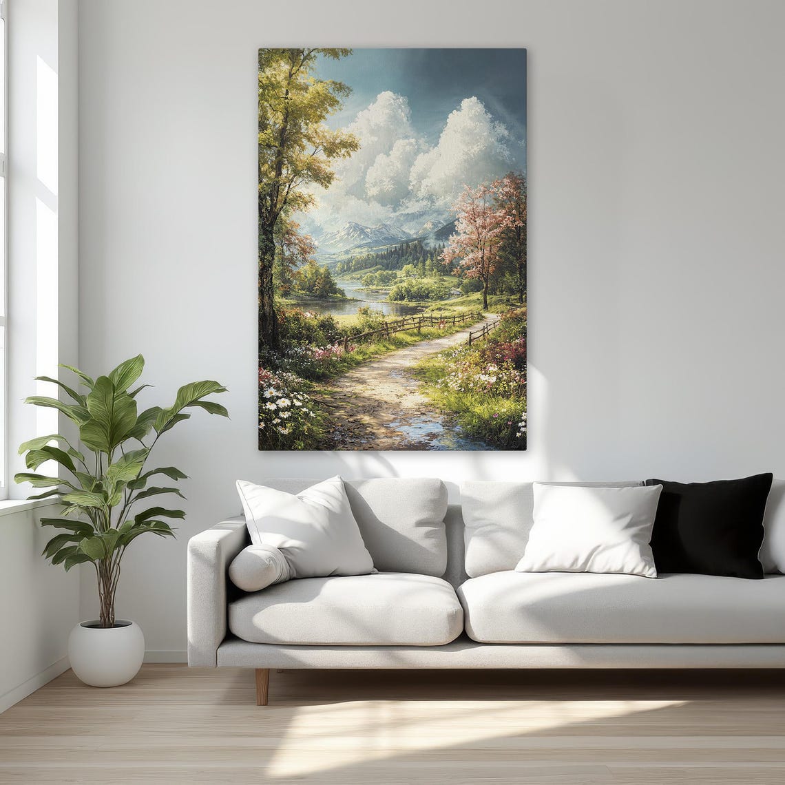 Mountain River Path Flower Trail Scenic Landscape Art Poster