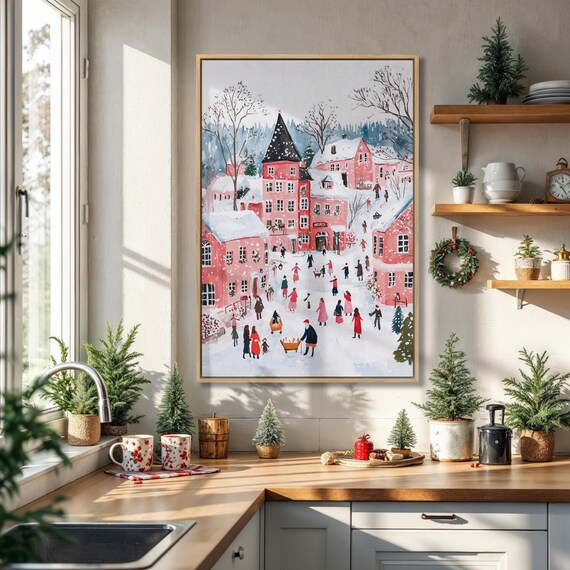 Festive Snowy Village Christmas Scene Pink Town Winter Holiday Art Poster