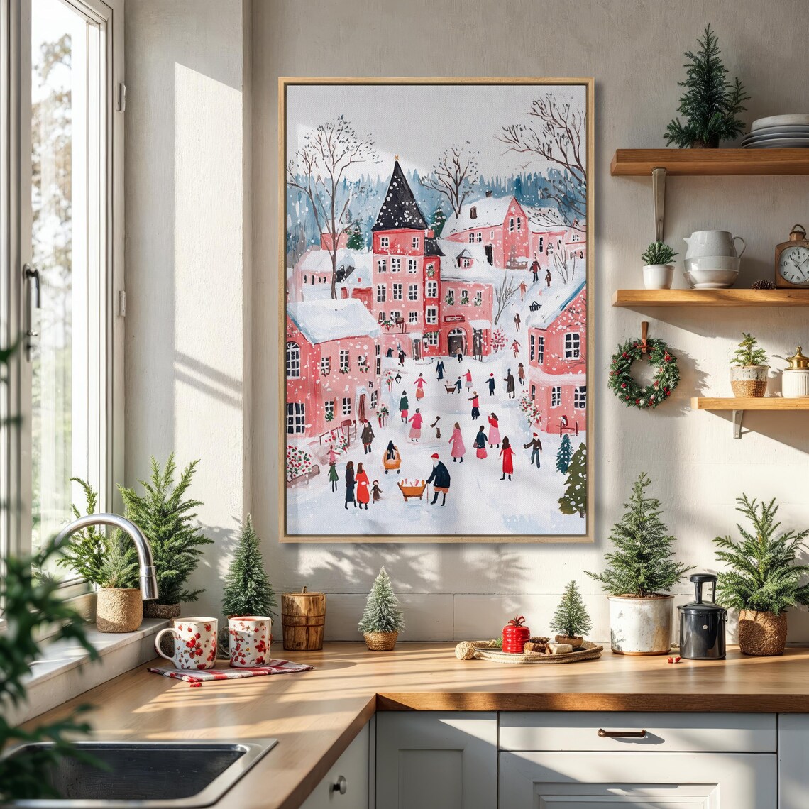 Festive Snowy Village Christmas Scene Pink Town Winter Holiday Art Poster