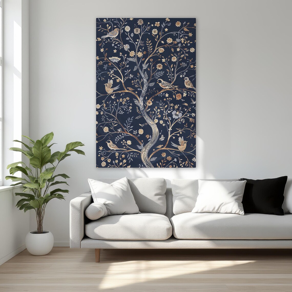 Navy Blue Tree of Life With Birds Cream Blossom Floral Poster