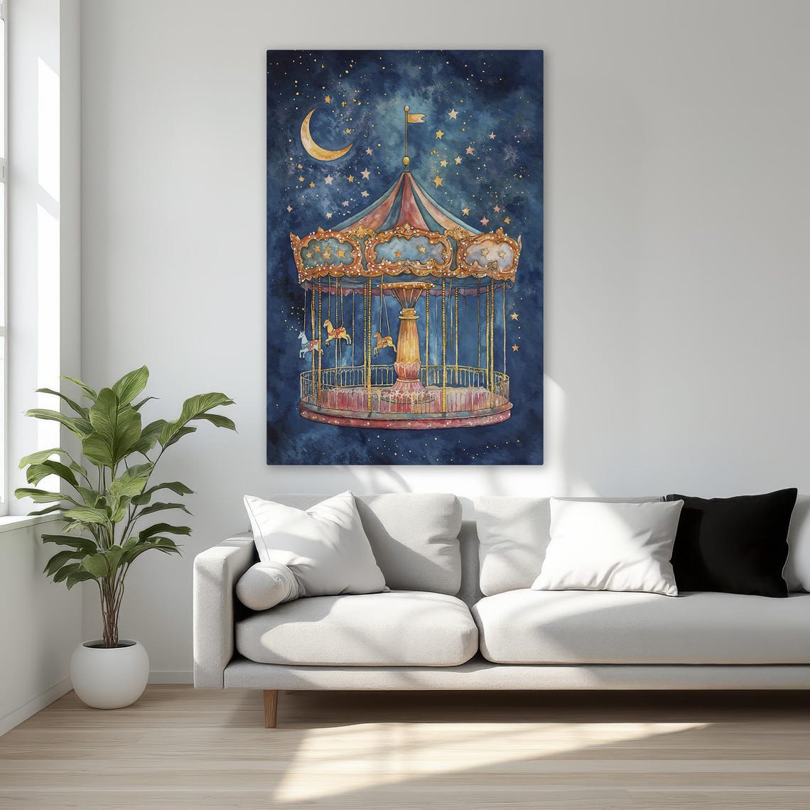 Watercolor Carousel under a Crescent Moon and Starry Night Poster