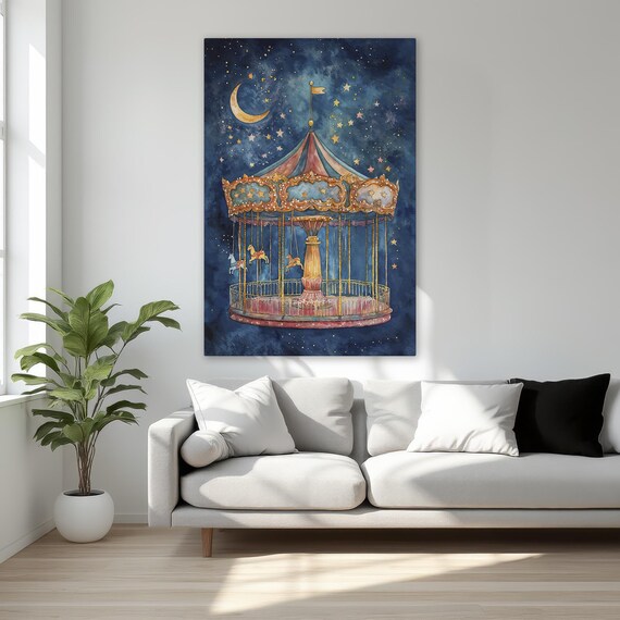 Watercolor Carousel under a Crescent Moon and Starry Night Poster