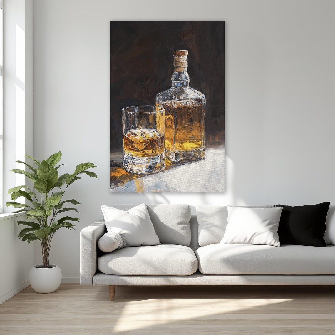 Whiskey Bottle And Glass Of Ice Moody Oil Painting Bar Poster